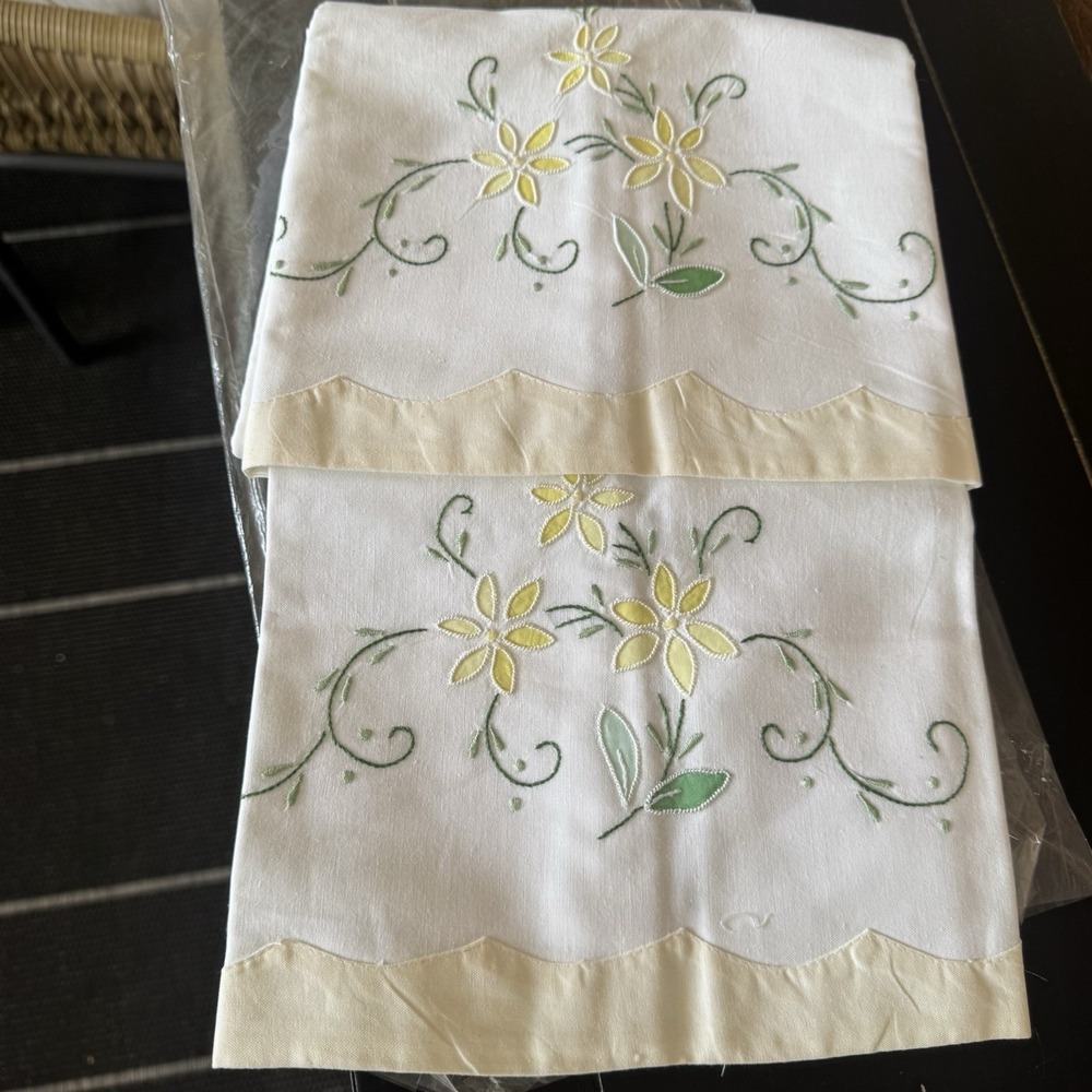 2 Vintage Embroidered Pillowcases Yellow Flowers Cotton Blend 1950s Cottagecore